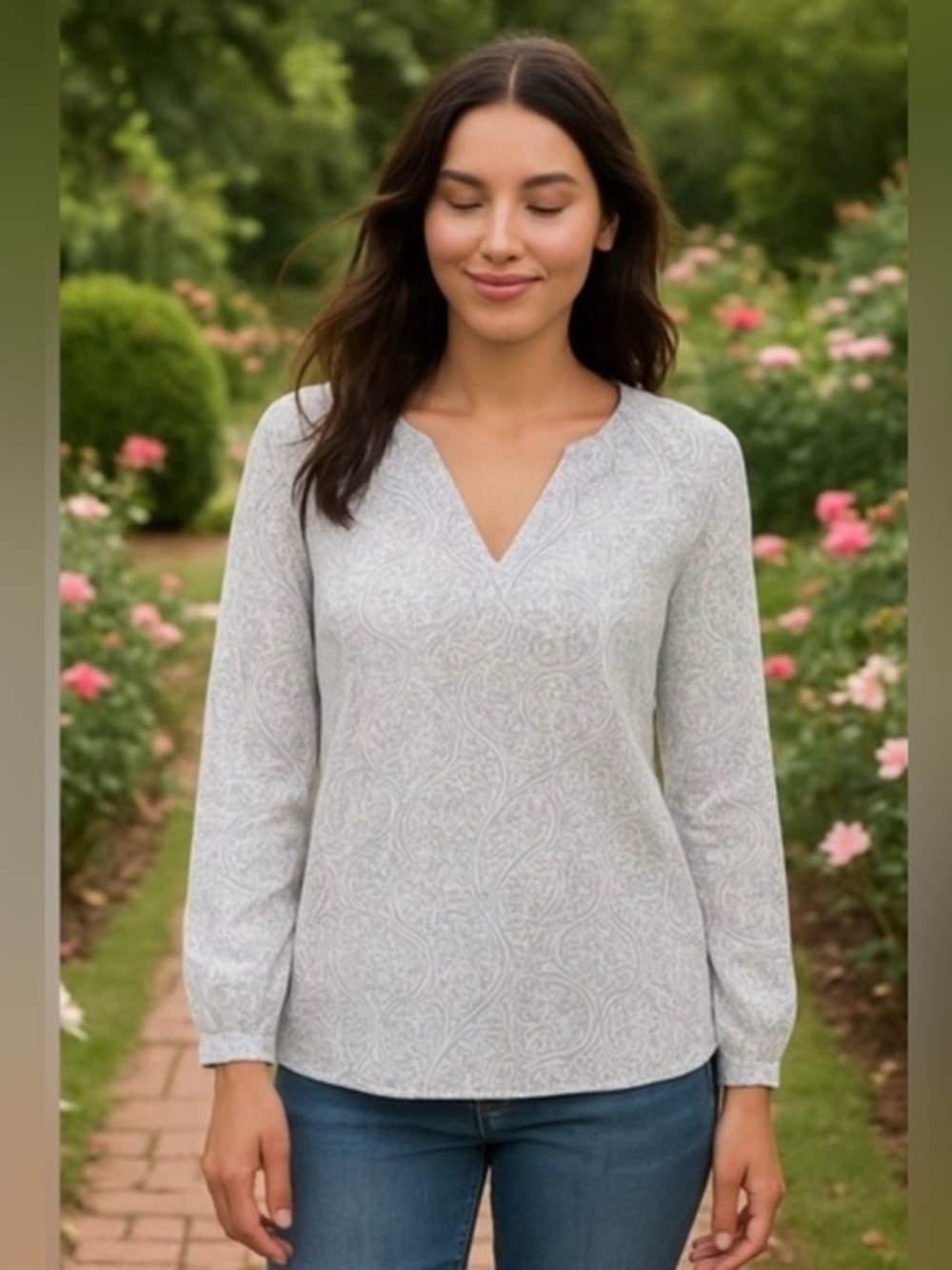 Boden Gray White Paisley Print V-Neck Long Sleeve Blouse Top EUC US 2 #2398